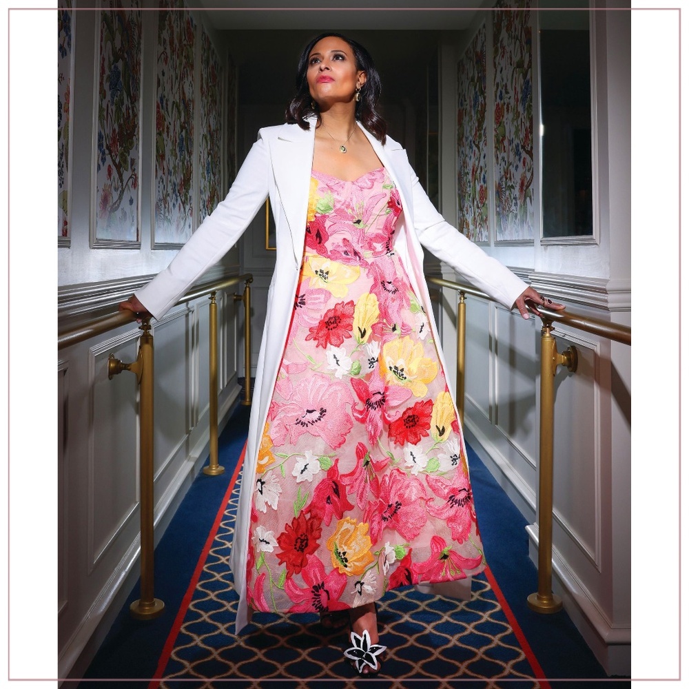 $5990 Monique Lhuillier Spring 2024 Tea Length Lemon & Raspberry Runway Dress